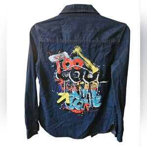 Zara Graffiti Denim 100% Cotton Button Up Shirt Women S